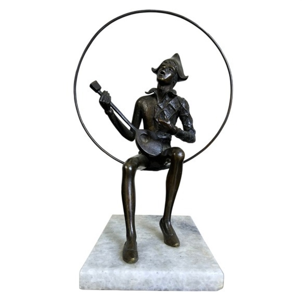 Large Bronze Sculpture Signed Gustavo‎ Gutierrez Musician on Marble Base 15"